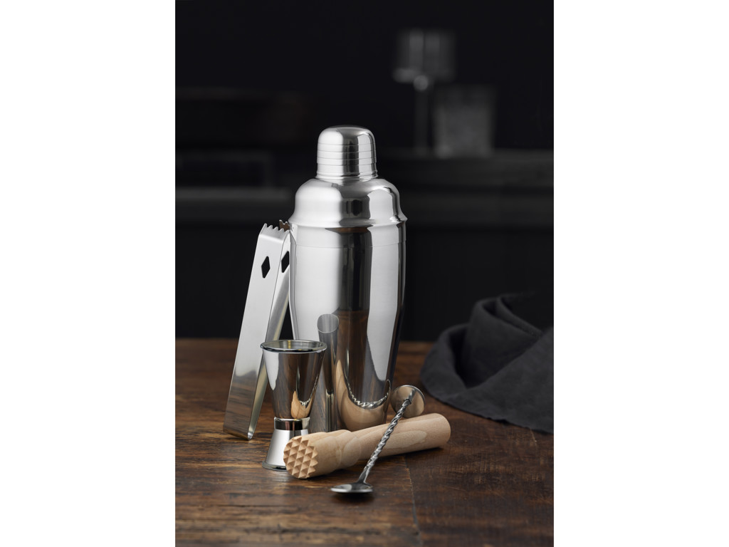 Funktion Barsæt m. shaker 700 ml, røreske, målebæger og istang i stål samt støder i bøgetræ, BAR