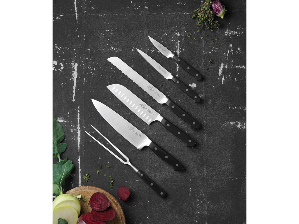 #Lion Sabatier Knivsæt 6 dele, urte, tomat, santoku, brød og kokkekniv samt stegegaffel i stål/sort, Pluton