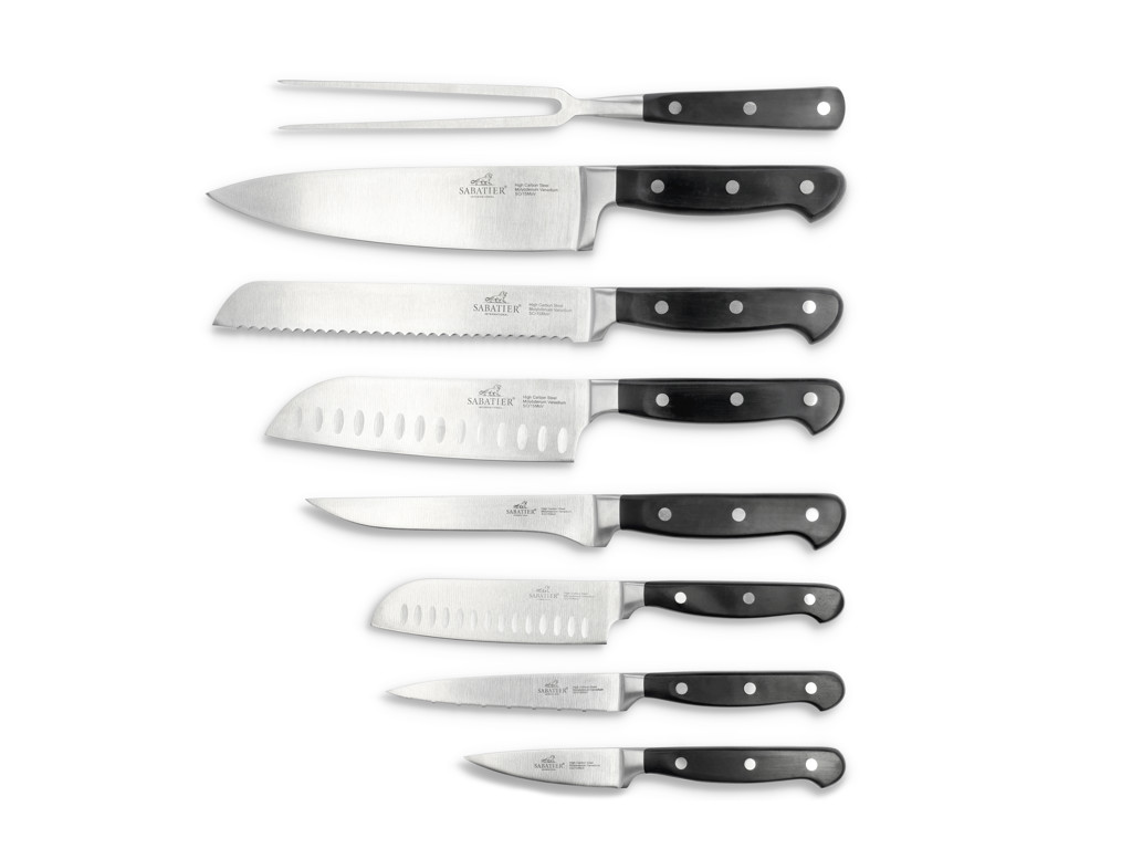 Lion Sabatier Knivsæt 8 dele, urte, tomat, lille santoku, santoku, brød, kokke, udbenerkniv samt stegegaffel i stål/sort, Pluton