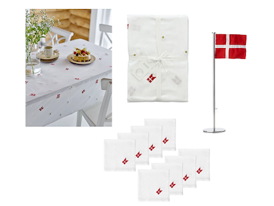 Fødselsdagsdug 140 x 270 cm + 8 stk. mundservietter,+ bordflag