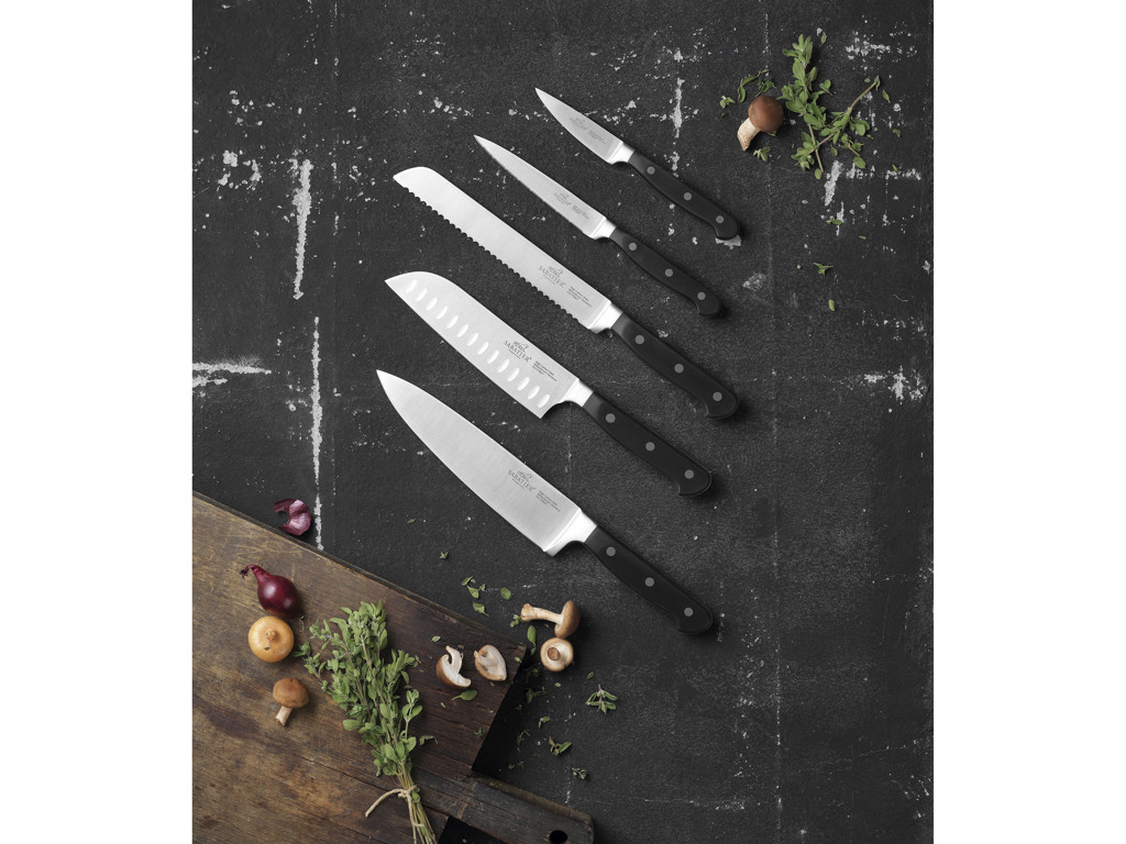 Lion Sabatier Knivsæt 5 dele, urte, tomat, santoku, brød og kokkekniv i stål/sort, Pluton