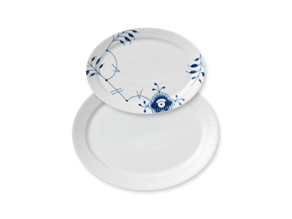 #Royal Copenhagen Blå Mega Riflet fad 28cm & Hvid Riflet fad 34cm