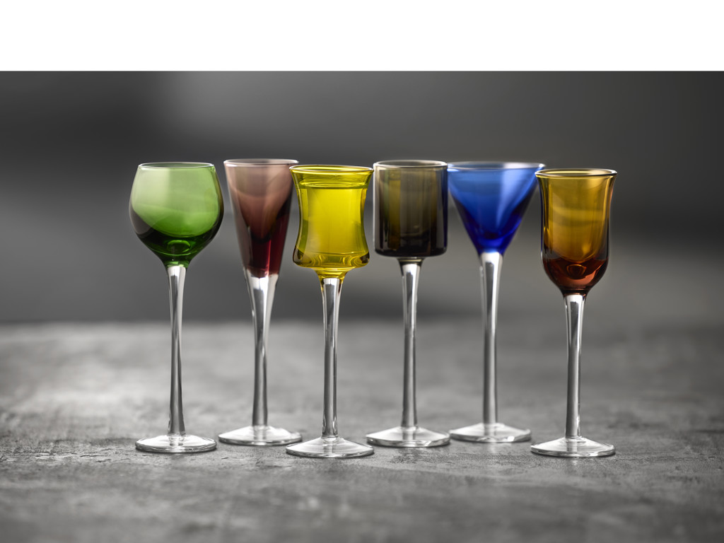 Lyngby Glas Snapseglas på fod 6 stk i assorterede farver og former