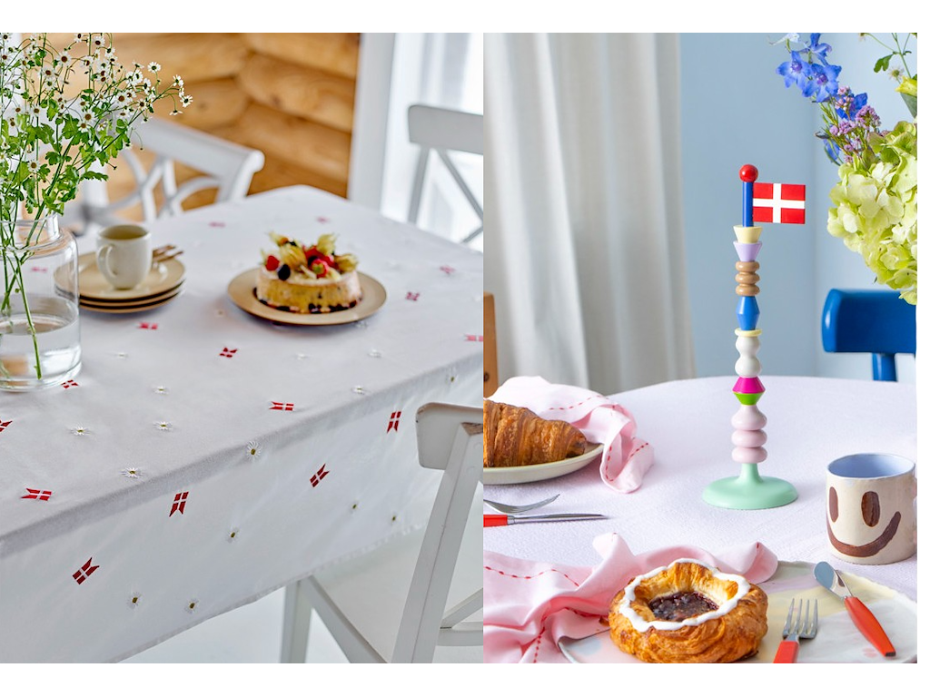 Södahl Dug 140 x 220 cm med fødselsdagsbroderi & Tossi Bordflag Fra The Clay Play.